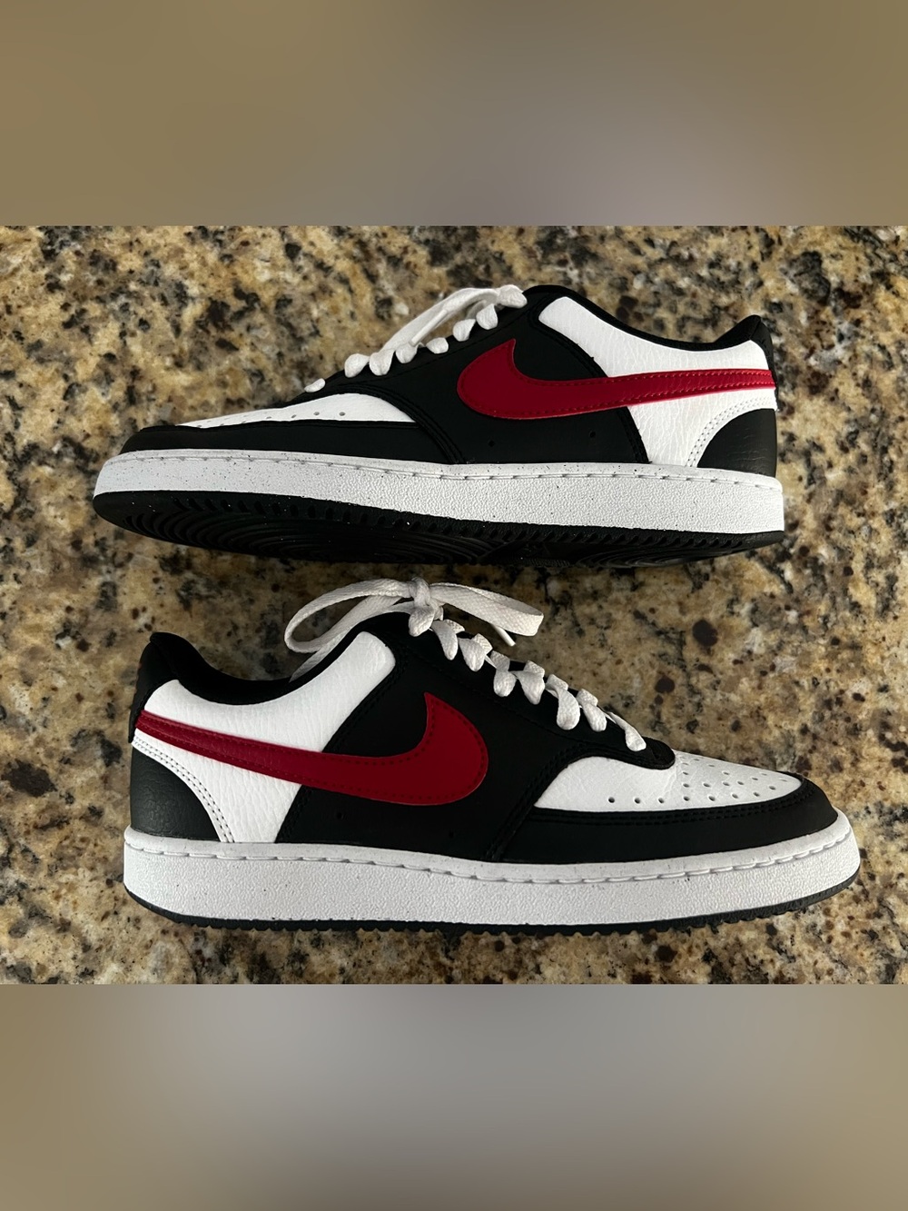 Nike Men's Black White Sneakers with Red Swoosh
